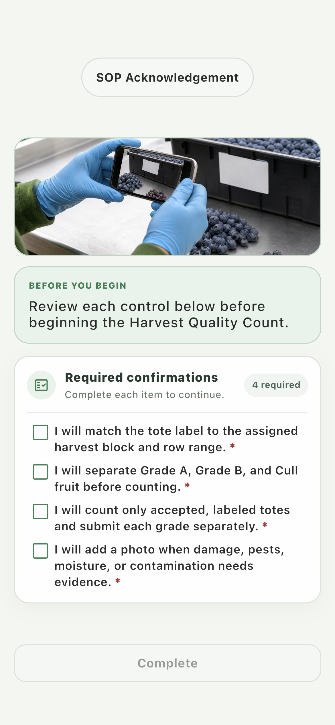 Employee reviewing required Harvest Quality Count acknowledgements