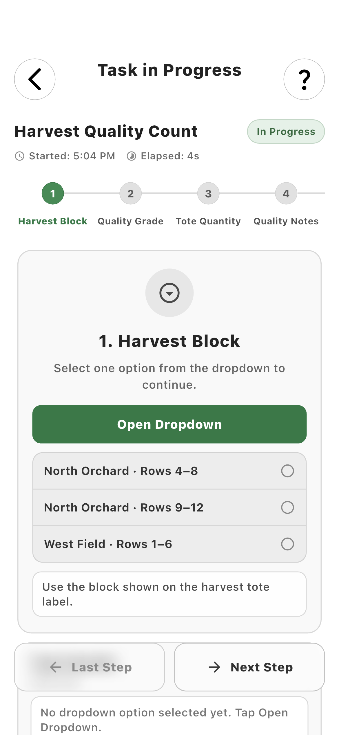 Employee Harvest Block dropdown choices