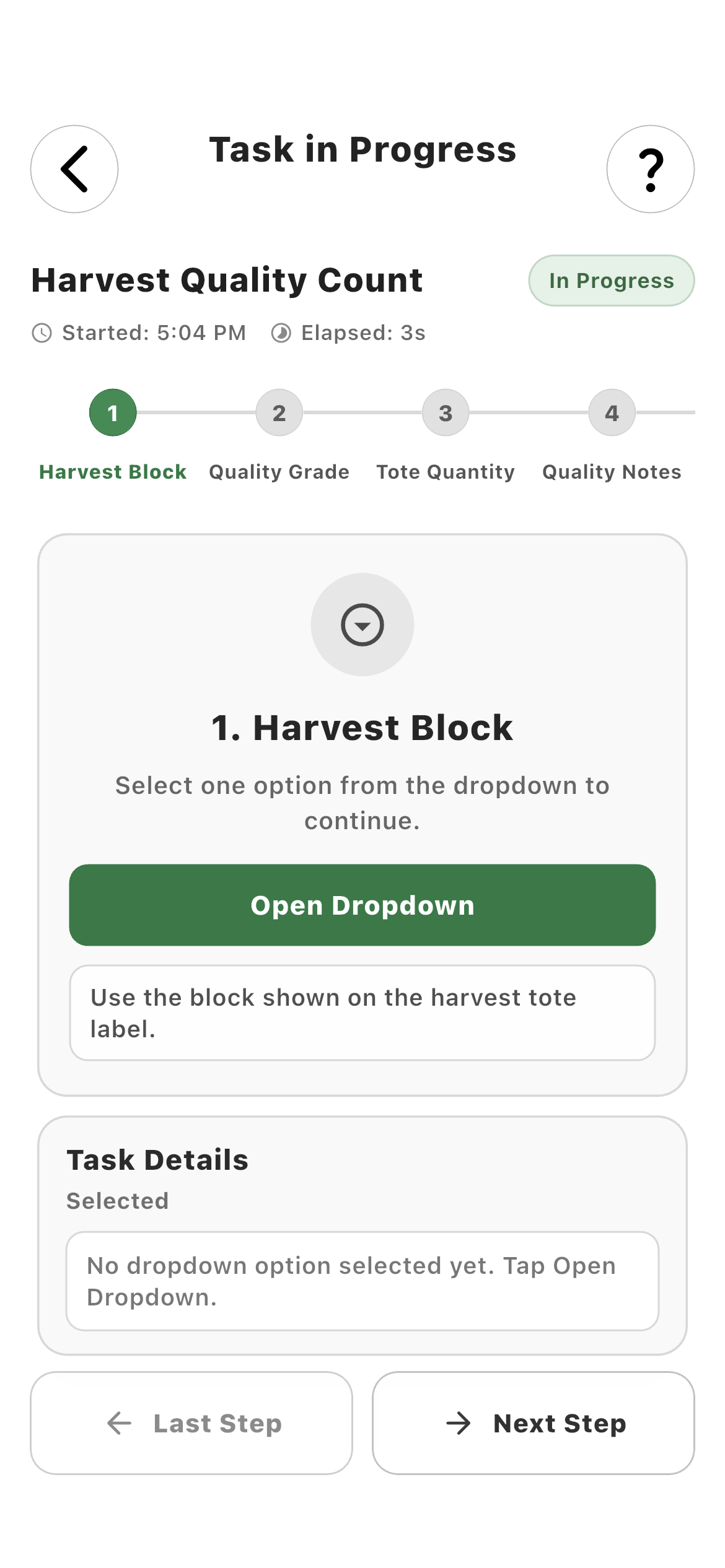 Employee selecting a configured Harvest Block task value