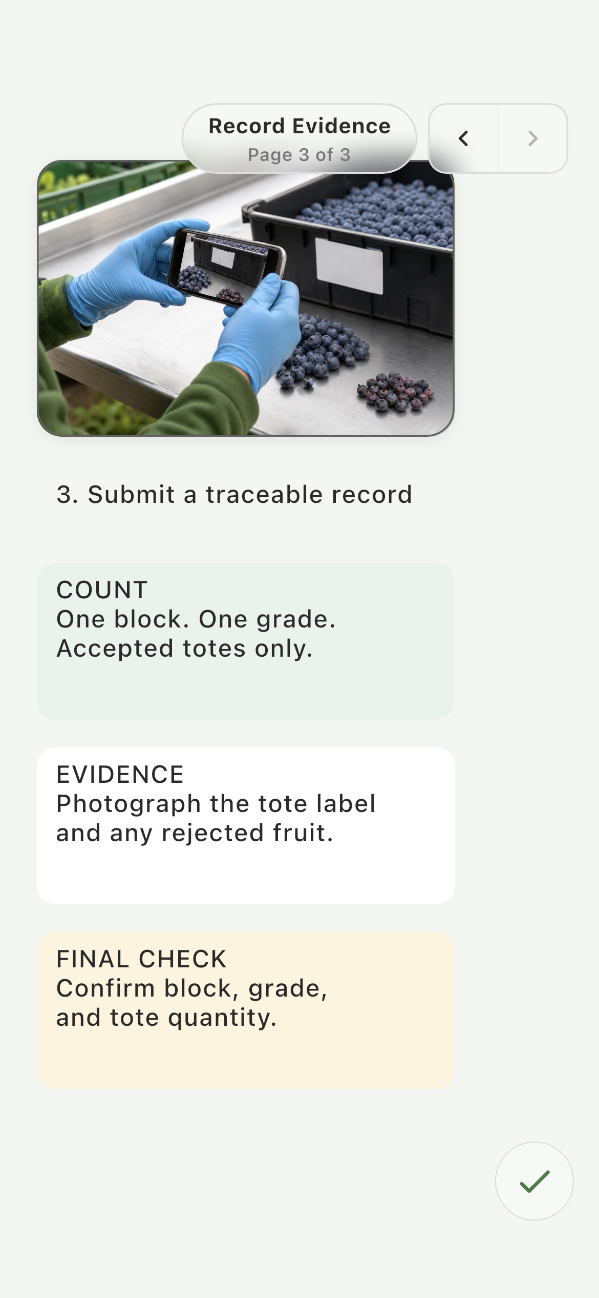 Employee reviewing the visual evidence-capture SOP for Harvest Quality Count