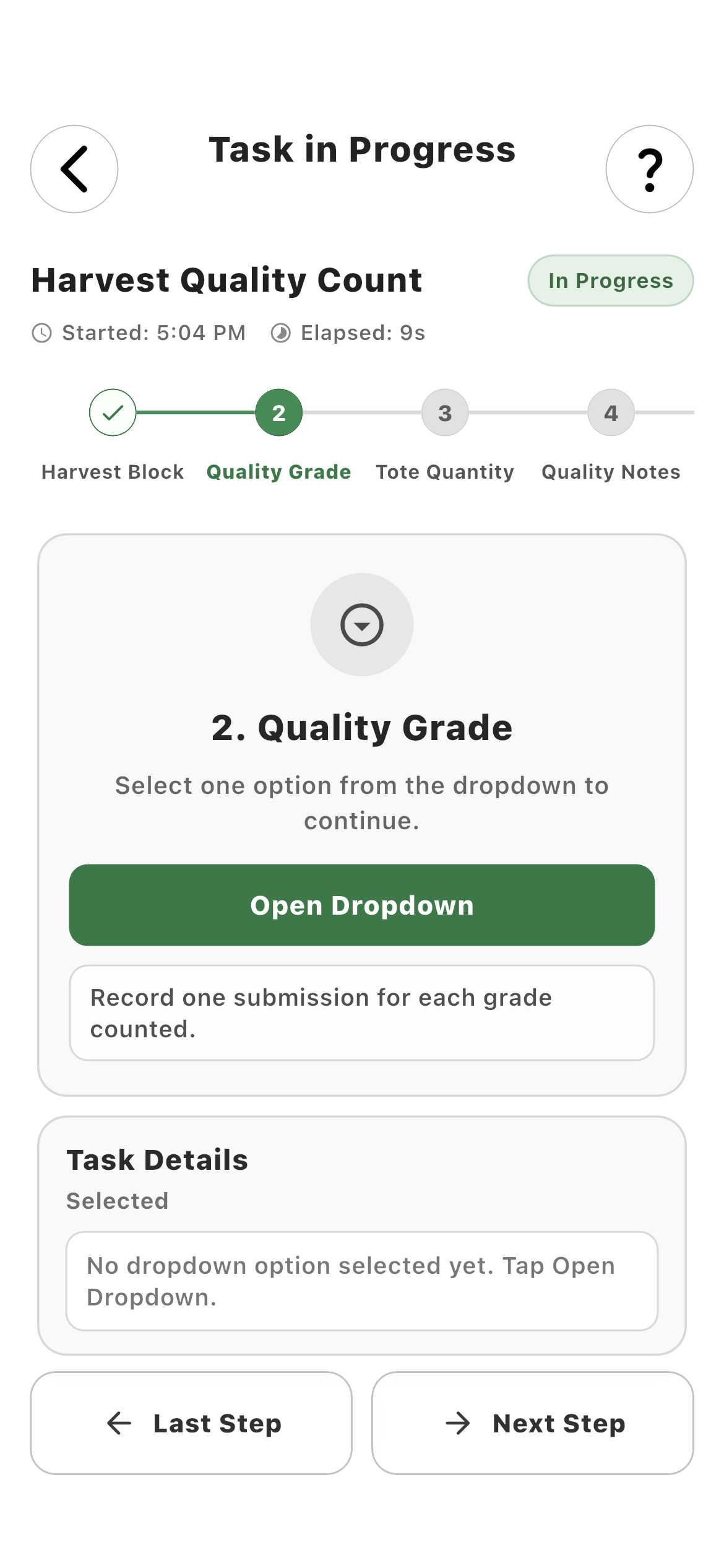 Employee selecting a configured Quality Grade task value