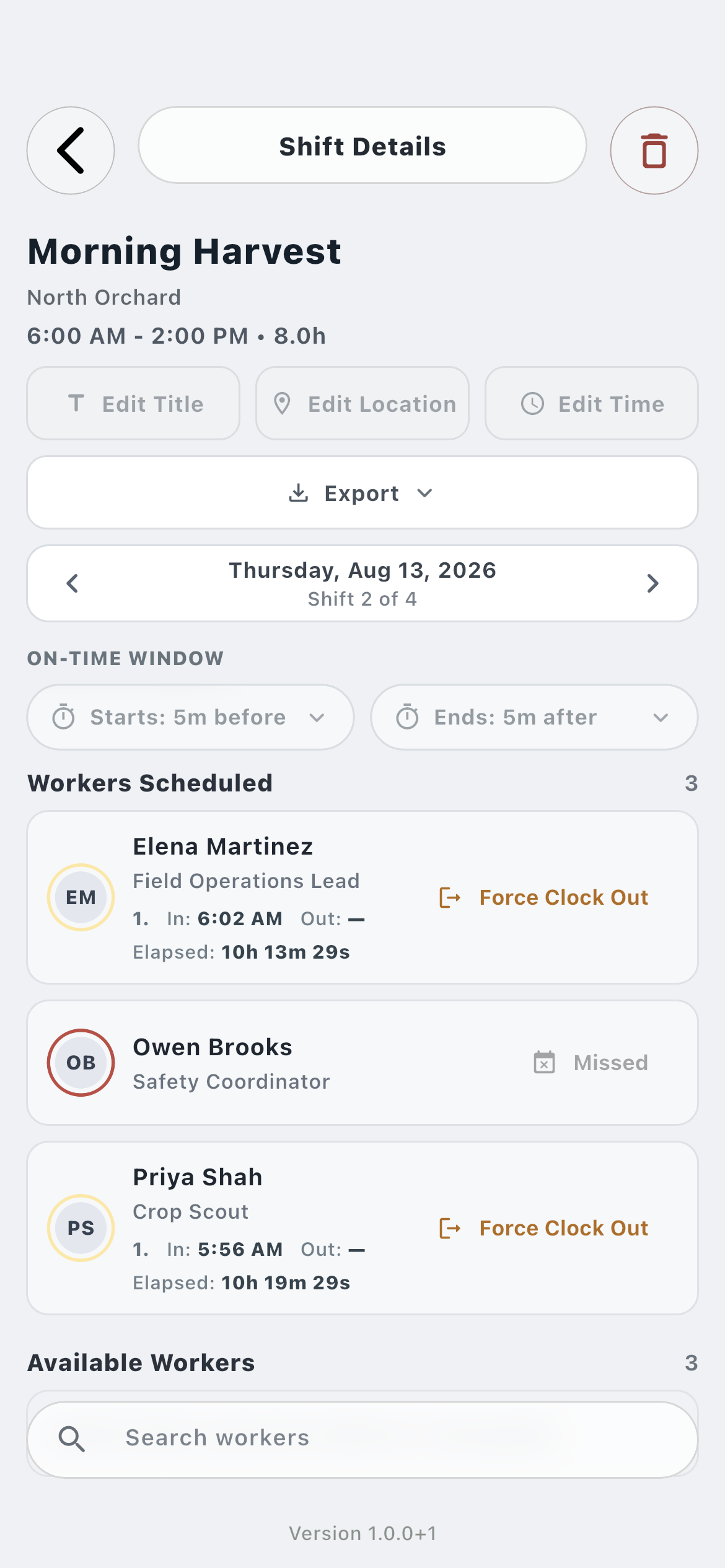 Farmroute Shift Details showing the on-time window and scheduled employee attendance