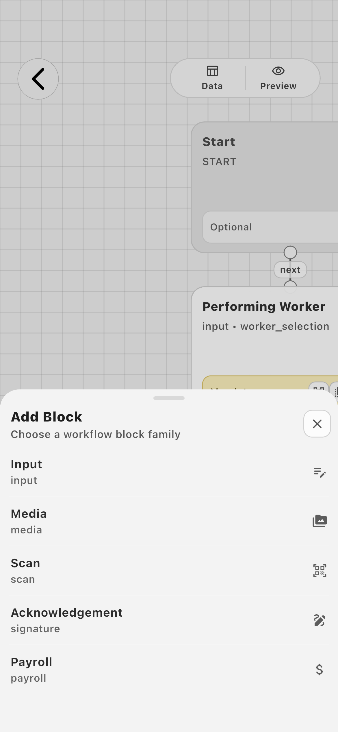 Farmroute Add Block menu listing Input, Media, Scan, Acknowledgement, and Payroll families