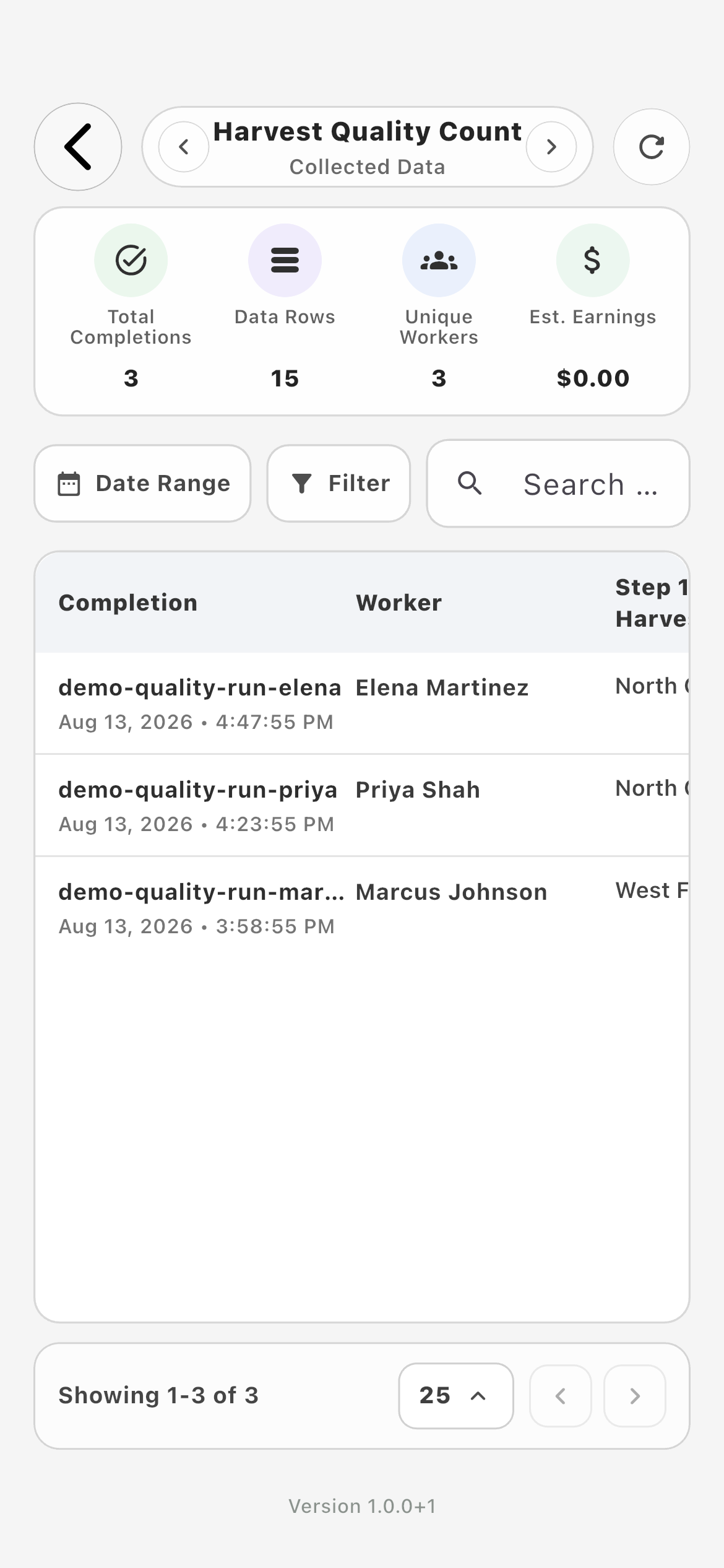 Farmroute farm task Data page showing structured task results