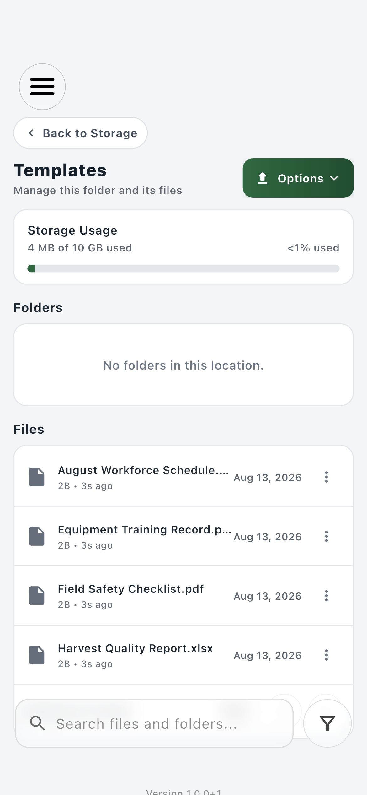 Farmroute Templates folder containing reusable farm PDFs and spreadsheets