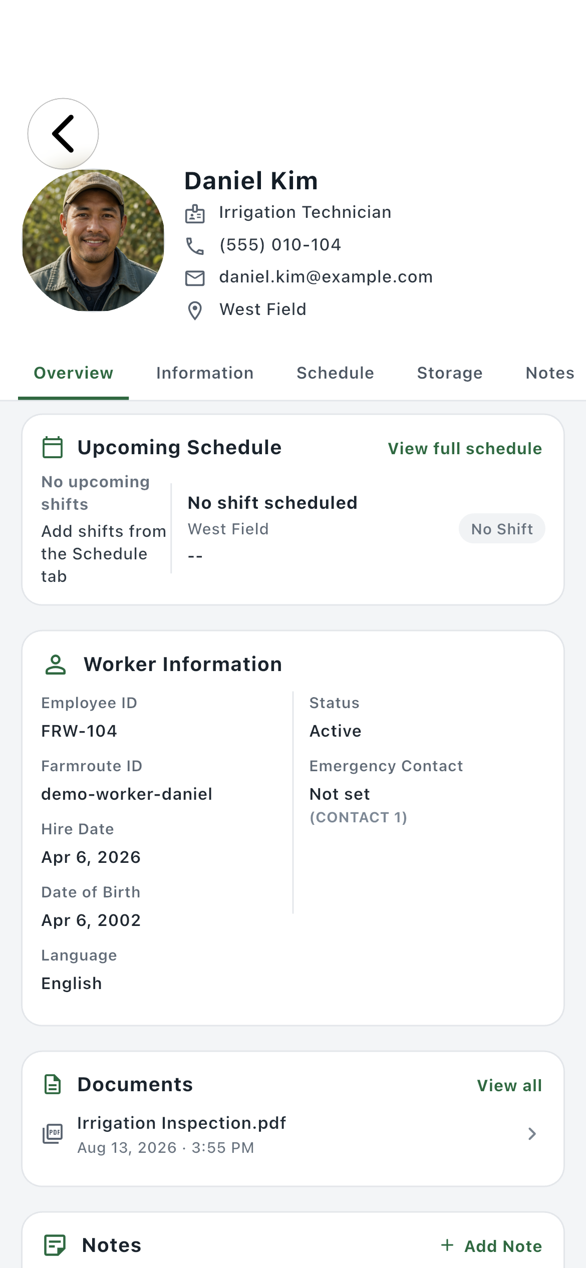 Farmroute worker profile Overview page