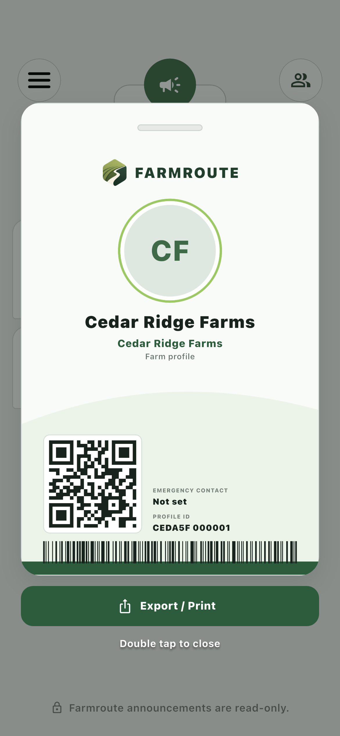 Farmroute farm profile ID displayed as an overlay with QR code, barcode, Export, and Print controls